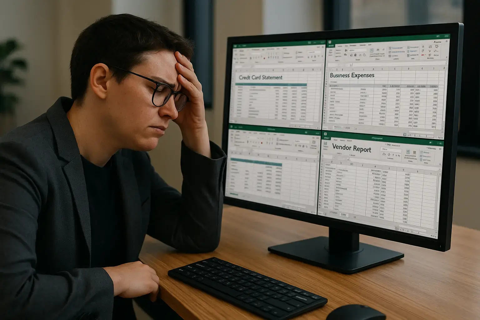 Frustrated user managing multiple financial spreadsheets